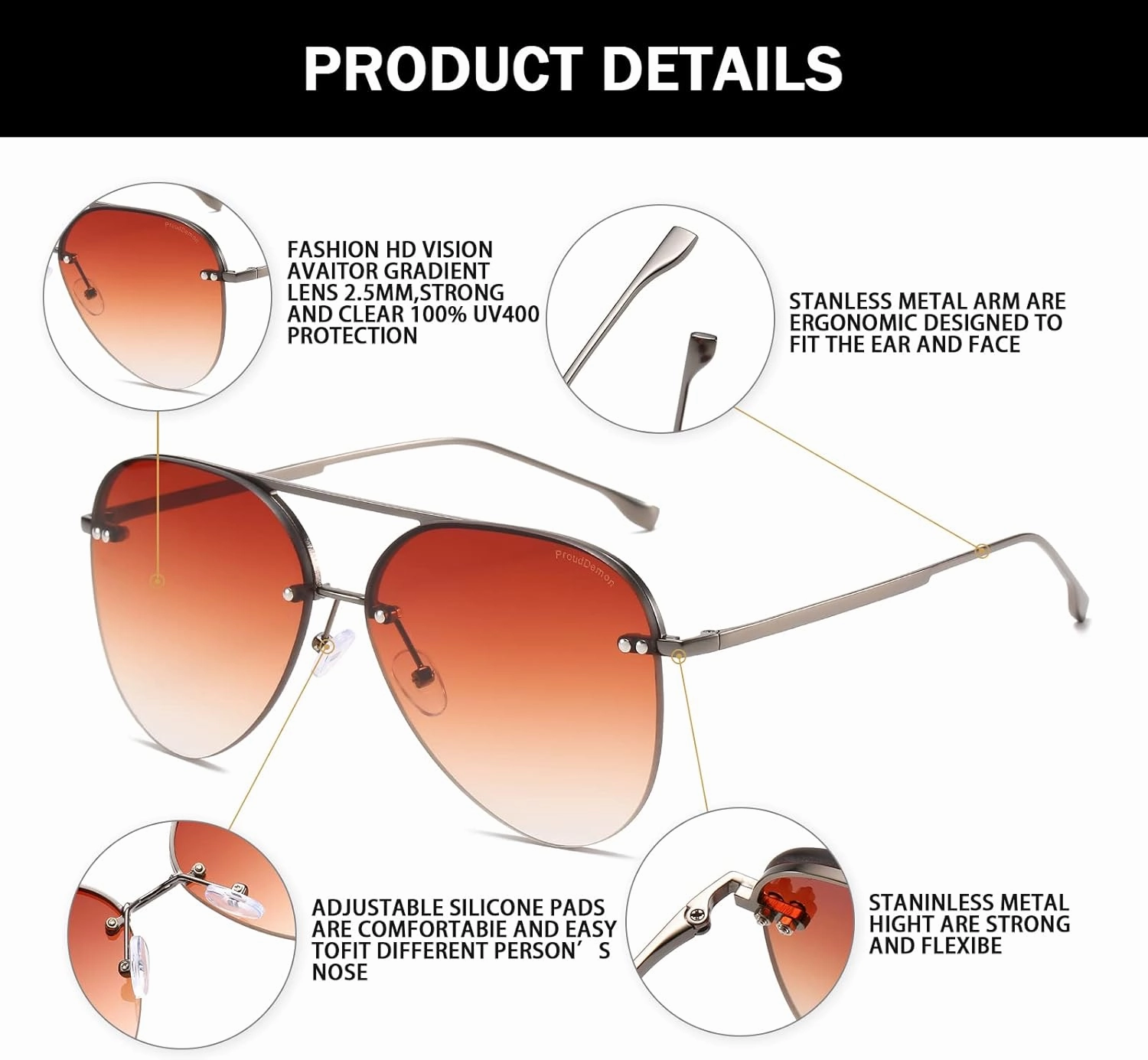 Retro Rimless Women Aviator Sunglasses Classic Lady Oversized Sun Glasses black Gradient Mirrored Lens Bold Shades