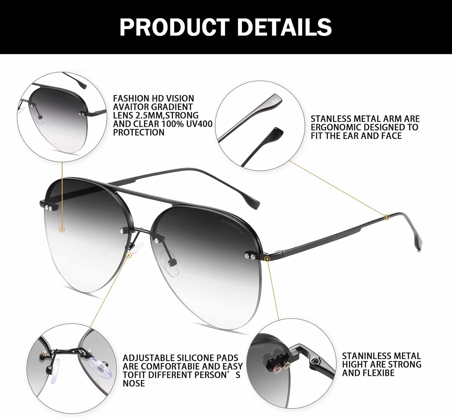 Retro Rimless Women Aviator Sunglasses Classic Lady Oversized Sun Glasses black Gradient Mirrored Lens Bold Shades
