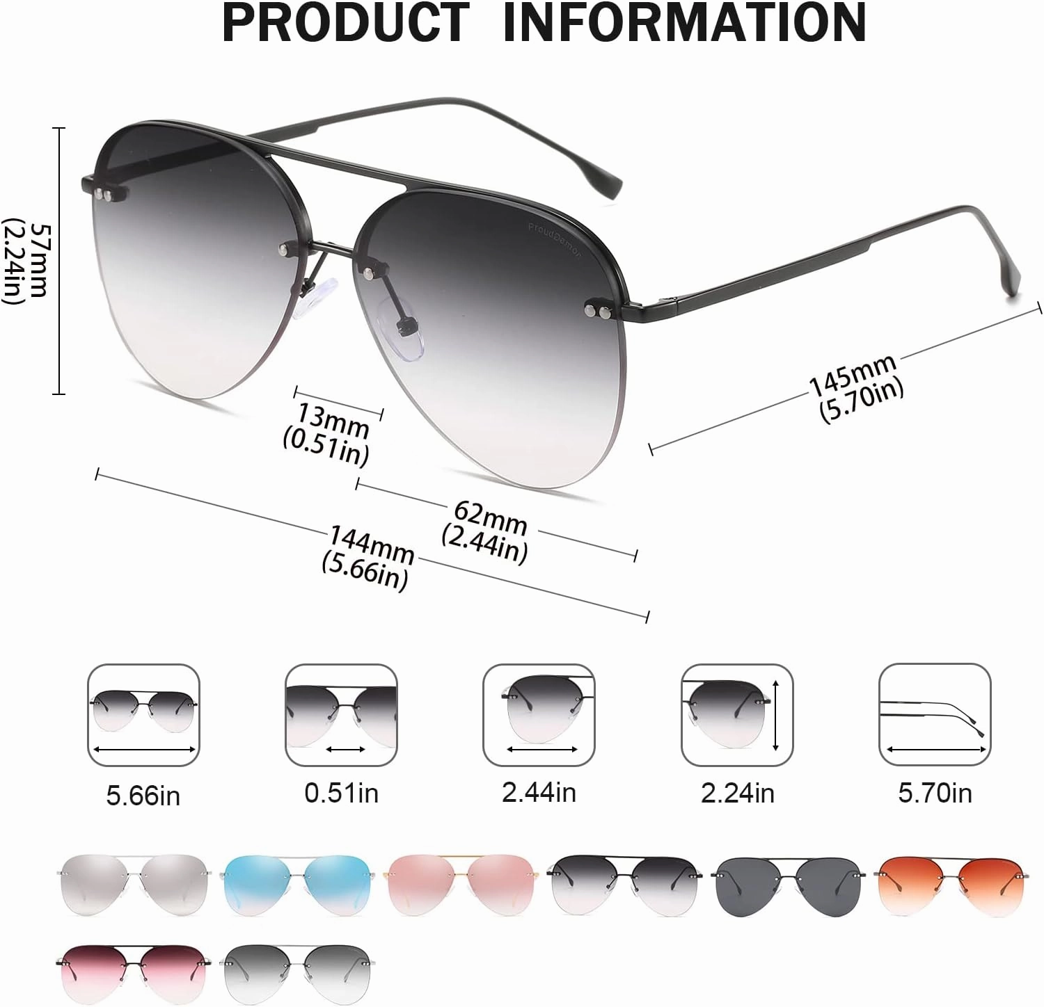 Retro Rimless Women Aviator Sunglasses Classic Lady Oversized Sun Glasses black Gradient Mirrored Lens Bold Shades