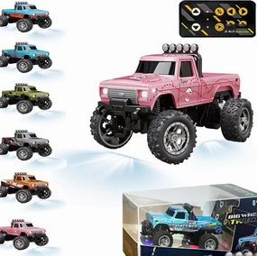 Riprush Mini Monster 1/64 - Off-Road LED Alloy Racer, 3-Speed Modes, Aerospace-Grade Alloy Construction Mini Monster Truck RC Car with Trailer (Pink)