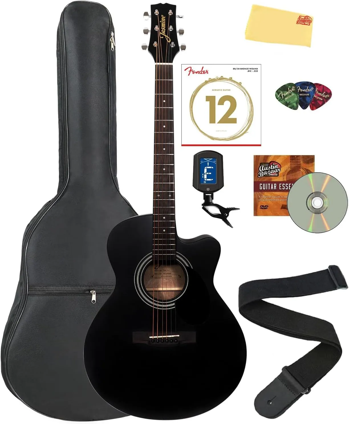 S34C Orchestra Acoustic Guitar - Black Bundle with Gig Bag, Tuner, Strings, Strap, Picks, Austin Bazaar Instructional DVD, and Polishing Cloth
