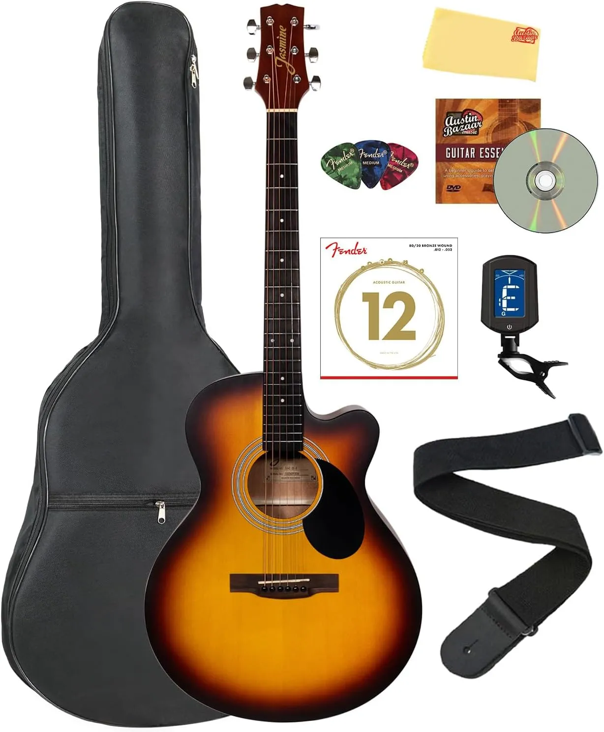 S34C Orchestra Acoustic Guitar - Sunburst Bundle with Gig Bag, Tuner, Strings, Strap, Picks, Austin Bazaar Instructional DVD, and Polishing Cloth