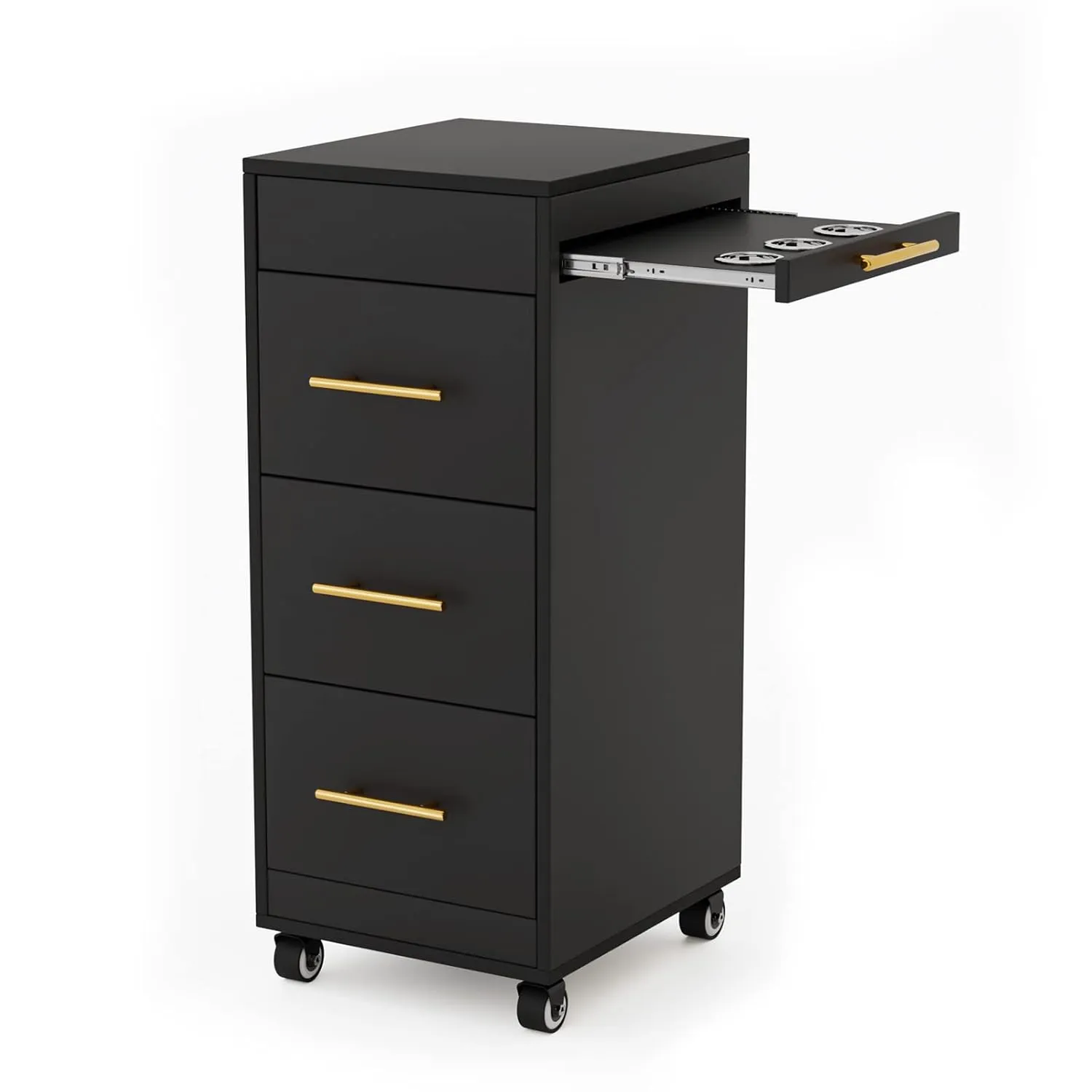 Salon Trolley Cart with Wheels, Wooden Hair Storage Cabinet, Stylist Cart Mobile Hairdressing Barber Station for Beauty Spa Barbershop, 3 Large Drawers, 3 Hot Tool Holders, Black