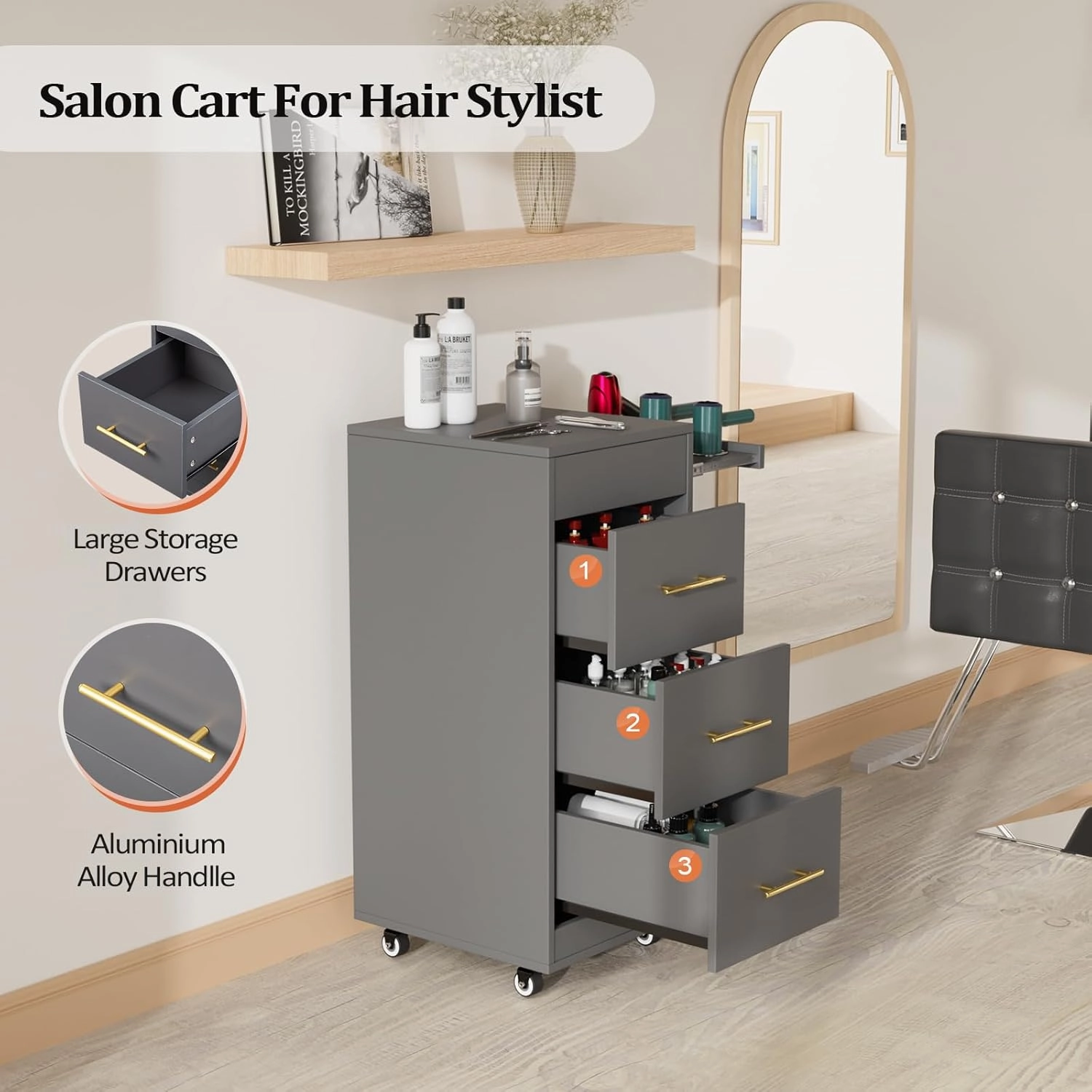 Salon Trolley Cart with Wheels, Wooden Hair Storage Cabinet, Stylist Cart Mobile Hairdressing Barber Station for Beauty Spa Barbershop, 3 Large Drawers, 3 Hot Tool Holders, Grey
