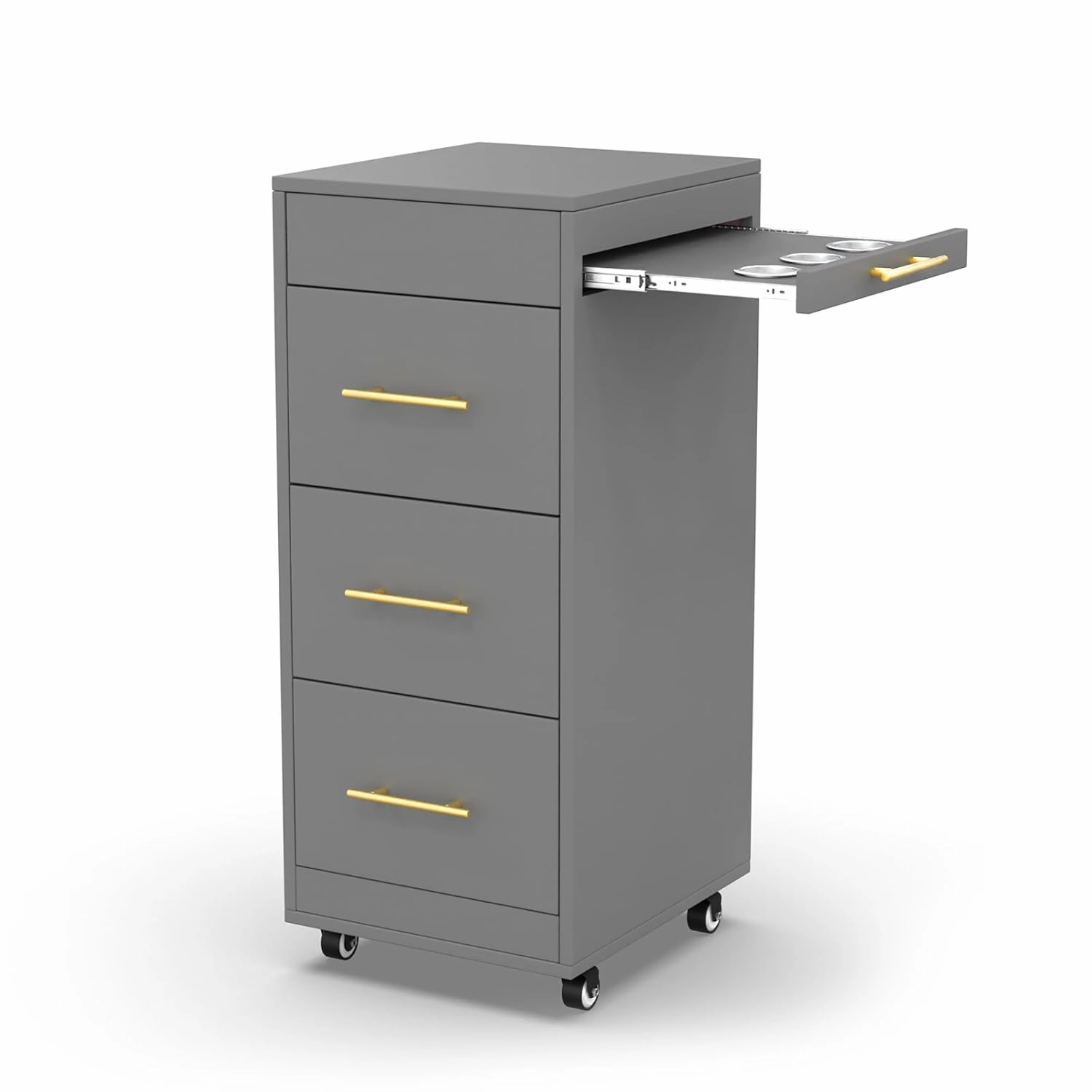 Salon Trolley Cart with Wheels, Wooden Hair Storage Cabinet, Stylist Cart Mobile Hairdressing Barber Station for Beauty Spa Barbershop, 3 Large Drawers, 3 Hot Tool Holders, Grey