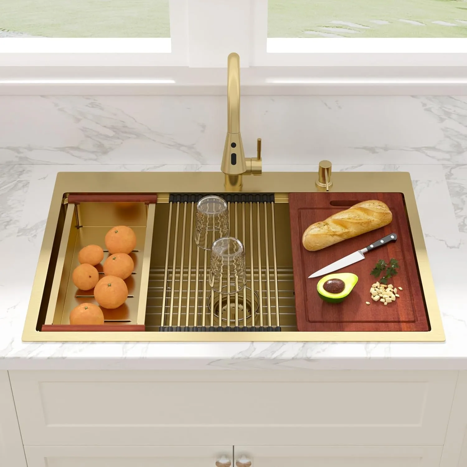 Sarlai 33 Gold Kitchen Sink with Faucet- 33x22 Inch Drop In Kitchen Sink Gold Ledge Workstation Sinks 16 Gauge Stainless Steel Single Bowl Topmount Sinks with Pull-out Faucet