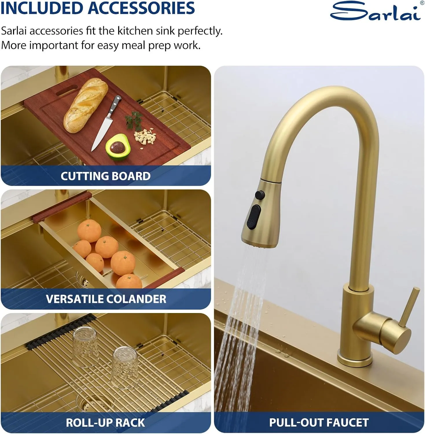 Sarlai 33 Gold Kitchen Sink with Faucet- 33x22 Inch Drop In Kitchen Sink Gold Ledge Workstation Sinks 16 Gauge Stainless Steel Single Bowl Topmount Sinks with Pull-out Faucet