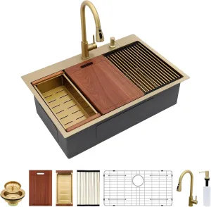 Sarlai 33 Gold Kitchen Sink with Faucet- 33x22 Inch Drop In Kitchen Sink Gold Ledge Workstation Sinks 16 Gauge Stainless Steel Single Bowl Topmount Sinks with Pull-out Faucet