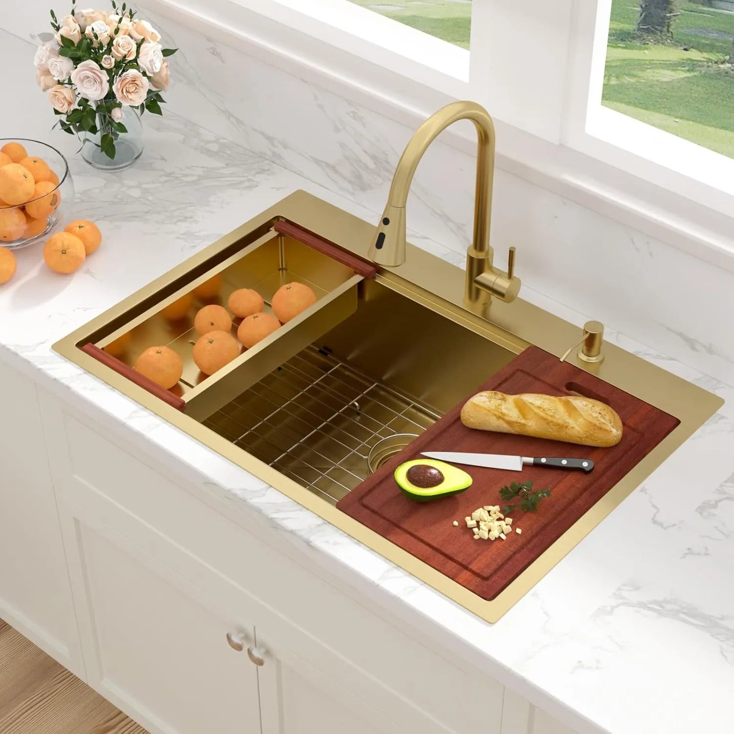 Sarlai 33 Gold Kitchen Sink with Faucet- 33x22 Inch Drop In Kitchen Sink Gold Ledge Workstation Sinks 16 Gauge Stainless Steel Single Bowl Topmount Sinks with Pull-out Faucet