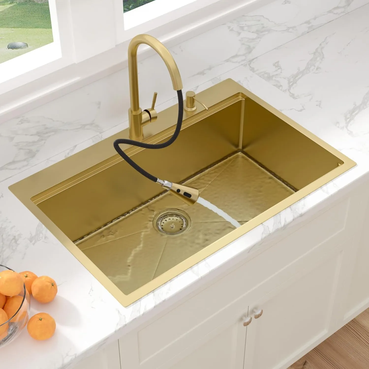 Sarlai 33 Gold Kitchen Sink with Faucet- 33x22 Inch Drop In Kitchen Sink Gold Ledge Workstation Sinks 16 Gauge Stainless Steel Single Bowl Topmount Sinks with Pull-out Faucet