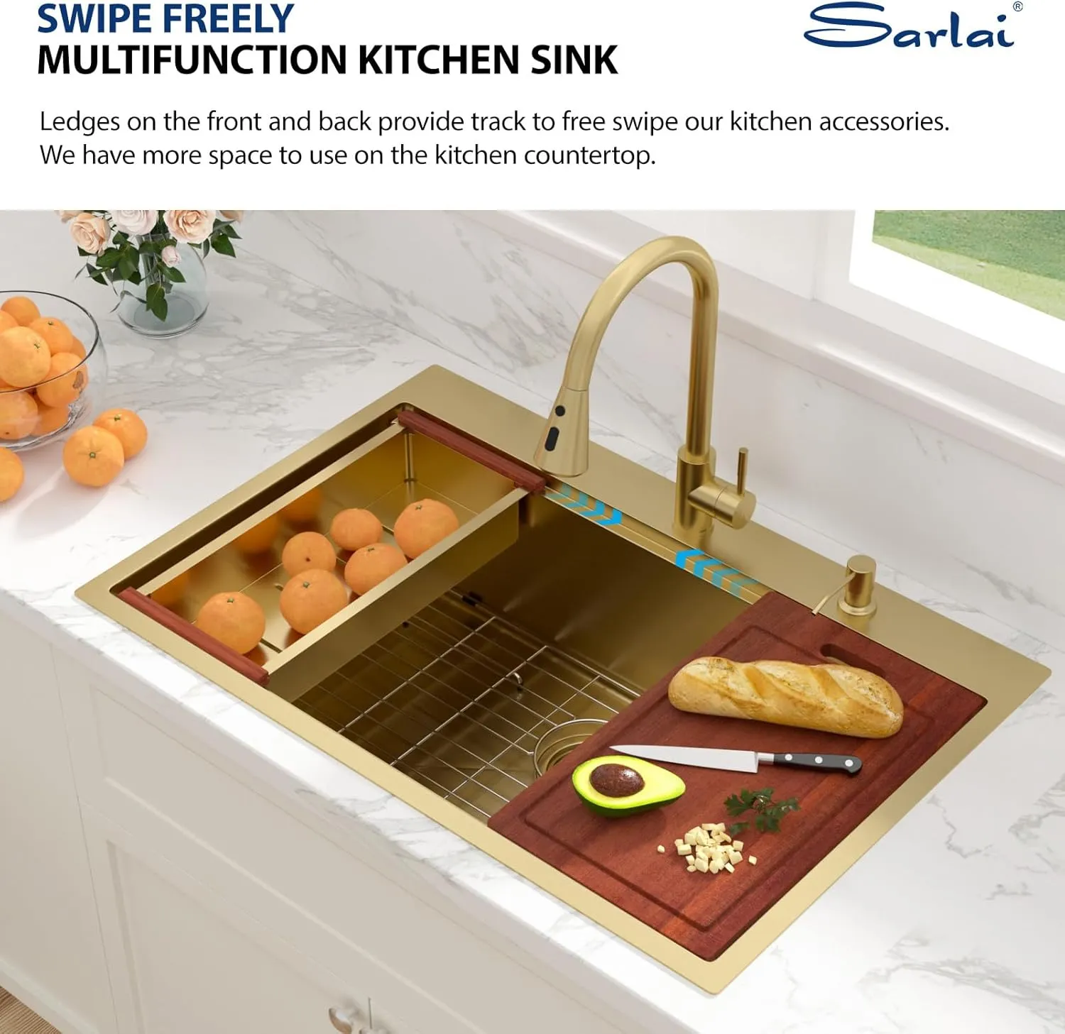 Sarlai 33 Gold Kitchen Sink with Faucet- 33x22 Inch Drop In Kitchen Sink Gold Ledge Workstation Sinks 16 Gauge Stainless Steel Single Bowl Topmount Sinks with Pull-out Faucet
