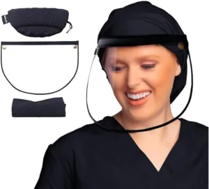 Satin-Lined Pro Scrub Cap, Adjustable Working Cap, Detachable Face Shield, Waterproof Bouffant Hat for Women, Rollable Shield