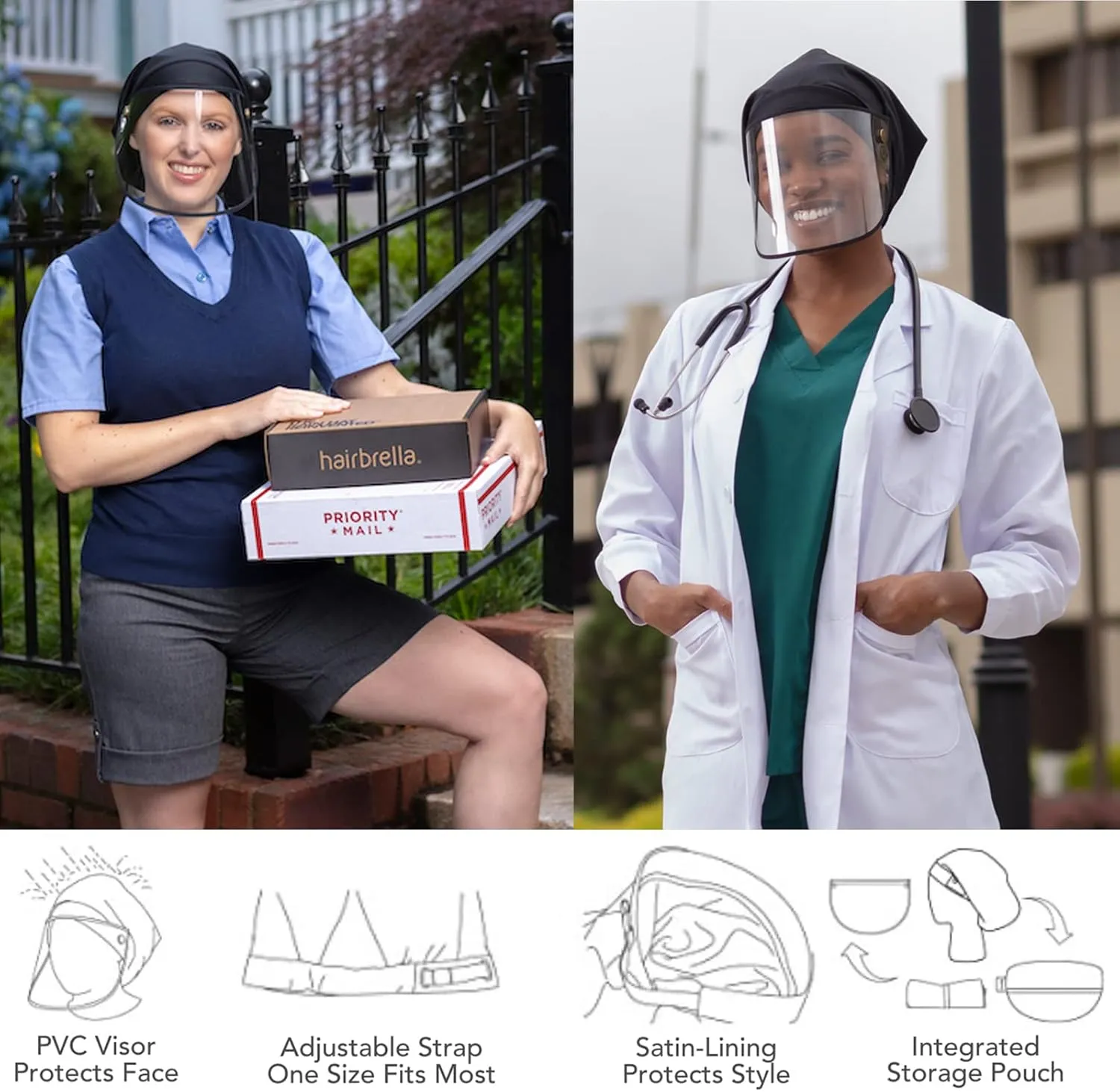 Satin-Lined Pro Scrub Cap, Adjustable Working Cap, Detachable Face Shield, Waterproof Bouffant Hat for Women, Rollable Shield