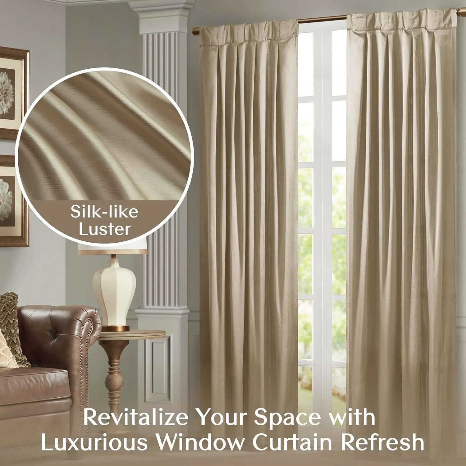 Satin Window Curtain - Luxurious Single Piece for Living Room & Bedroom, Dual Hanging Design, Avignon, 52x84 Champagne