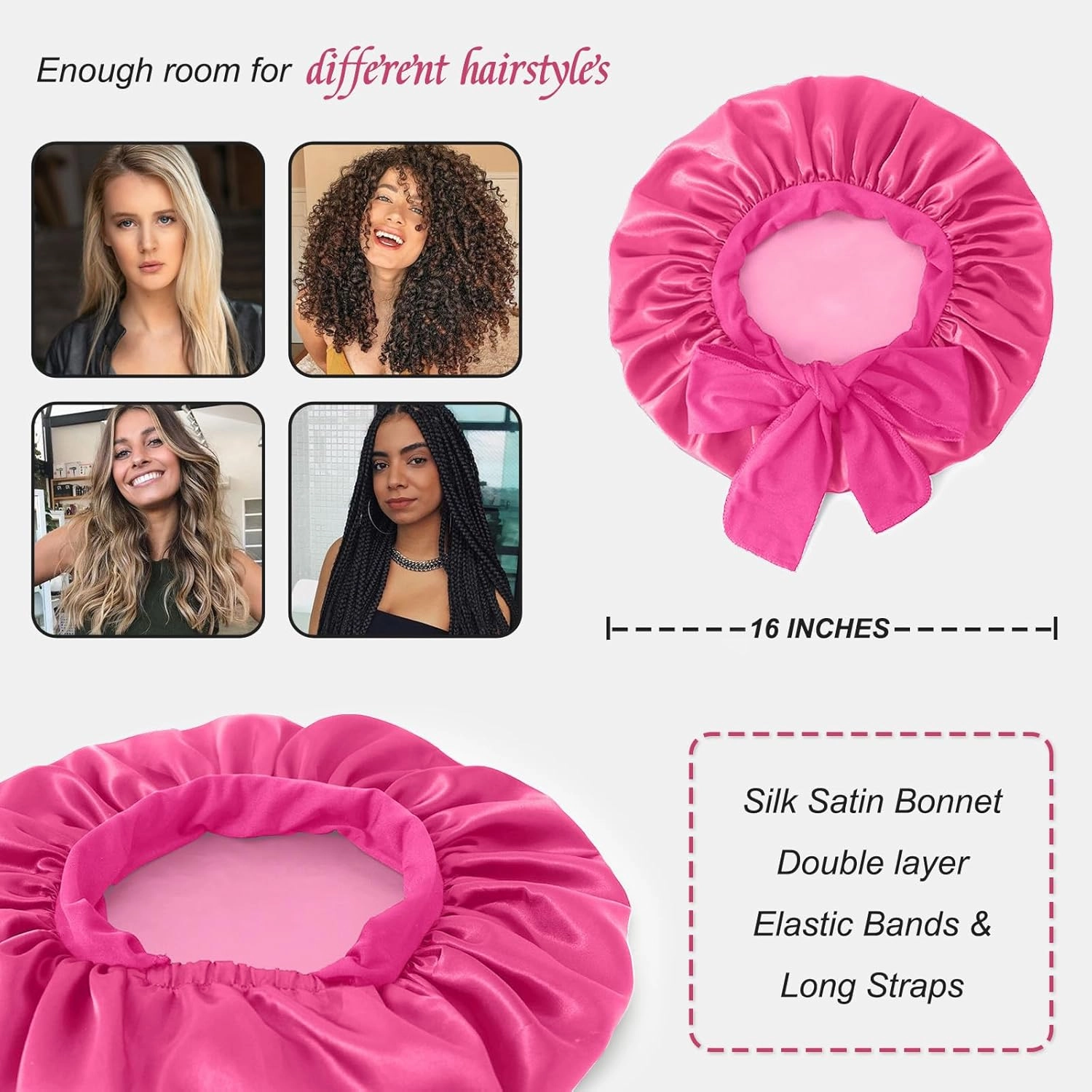 Satin Silk Bonnet Hair Beanies for Sleeping Jumbo Sleep Cap, Black Wrap for Women Curly Hair, Double Layer Bonnet with Tie Band