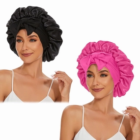 Satin Silk Bonnet Hair Beanies for Sleeping Jumbo Sleep Cap, Black Wrap for Women Curly Hair, Double Layer Bonnet with Tie Band