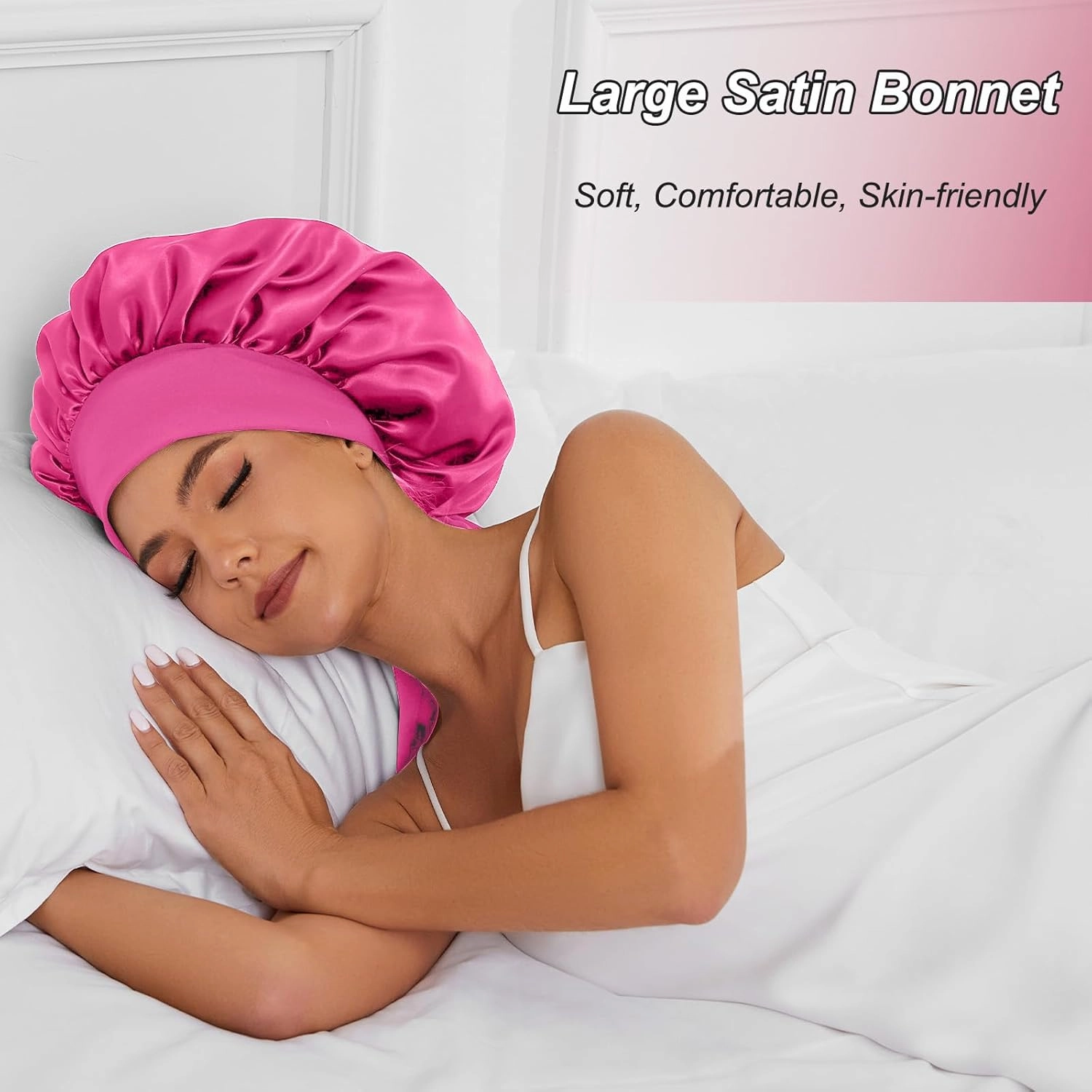 Satin Silk Bonnet Hair Beanies for Sleeping Jumbo Sleep Cap, Black Wrap for Women Curly Hair, Double Layer Bonnet with Tie Band