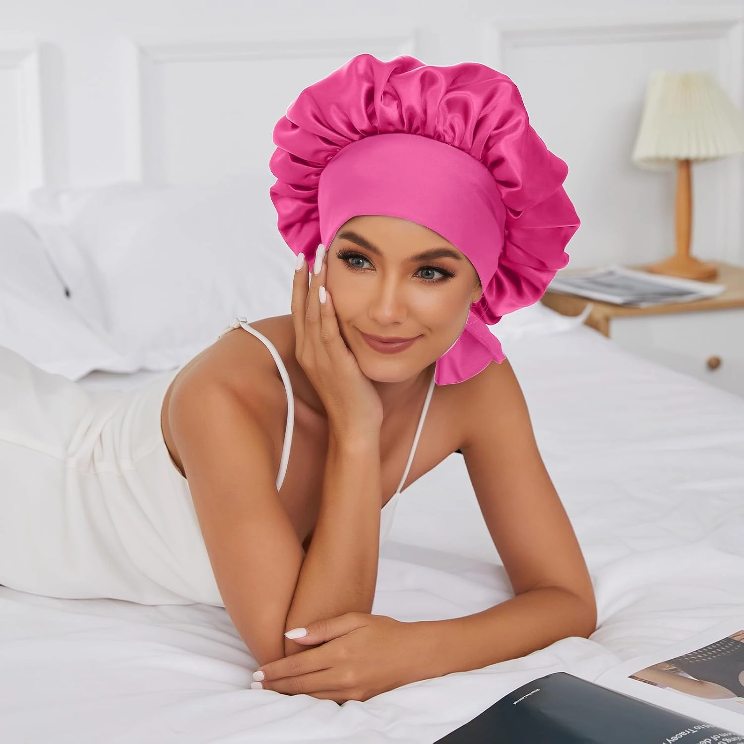 Satin Silk Bonnet Hair Beanies for Sleeping Jumbo Sleep Cap, Black Wrap for Women Curly Hair, Double Layer Bonnet with Tie Band