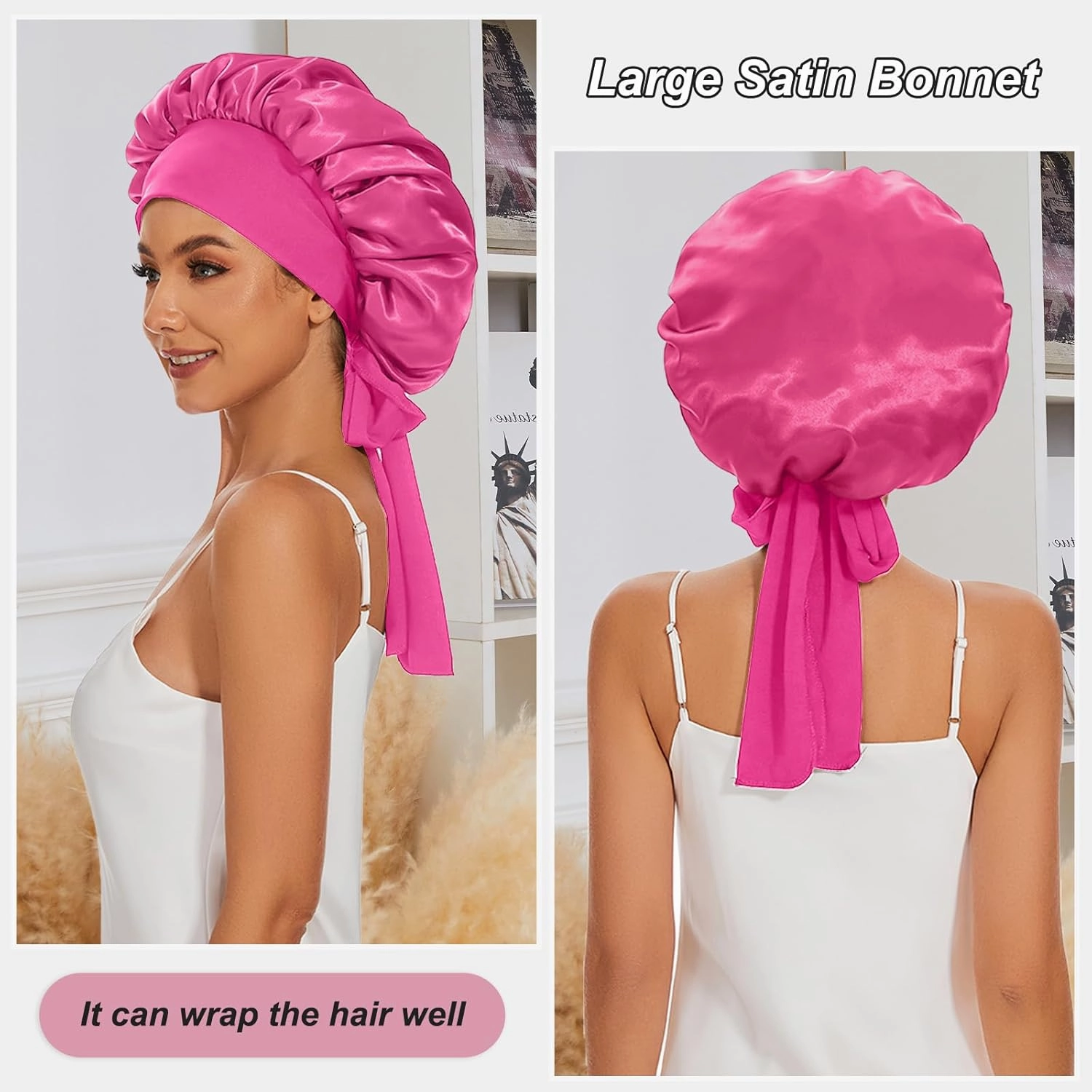Satin Silk Bonnet Hair Beanies for Sleeping Jumbo Sleep Cap, Black Wrap for Women Curly Hair, Double Layer Bonnet with Tie Band