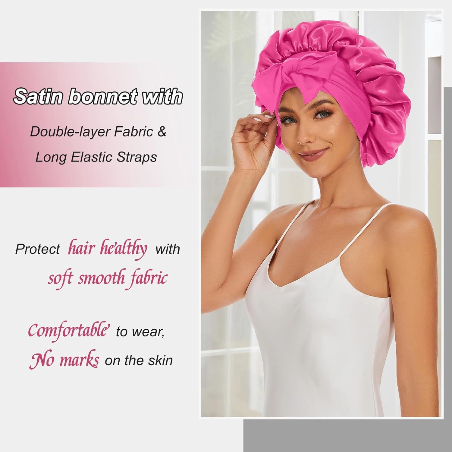 Satin Silk Bonnet Hair Beanies for Sleeping Jumbo Sleep Cap, Black Wrap for Women Curly Hair, Double Layer Bonnet with Tie Band