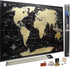Scratch off map of the World MyMap Black Gold Large Travel map Wall Poster 35x25 Push pin map Includes Pins Tube Flags poster Map Scratch
