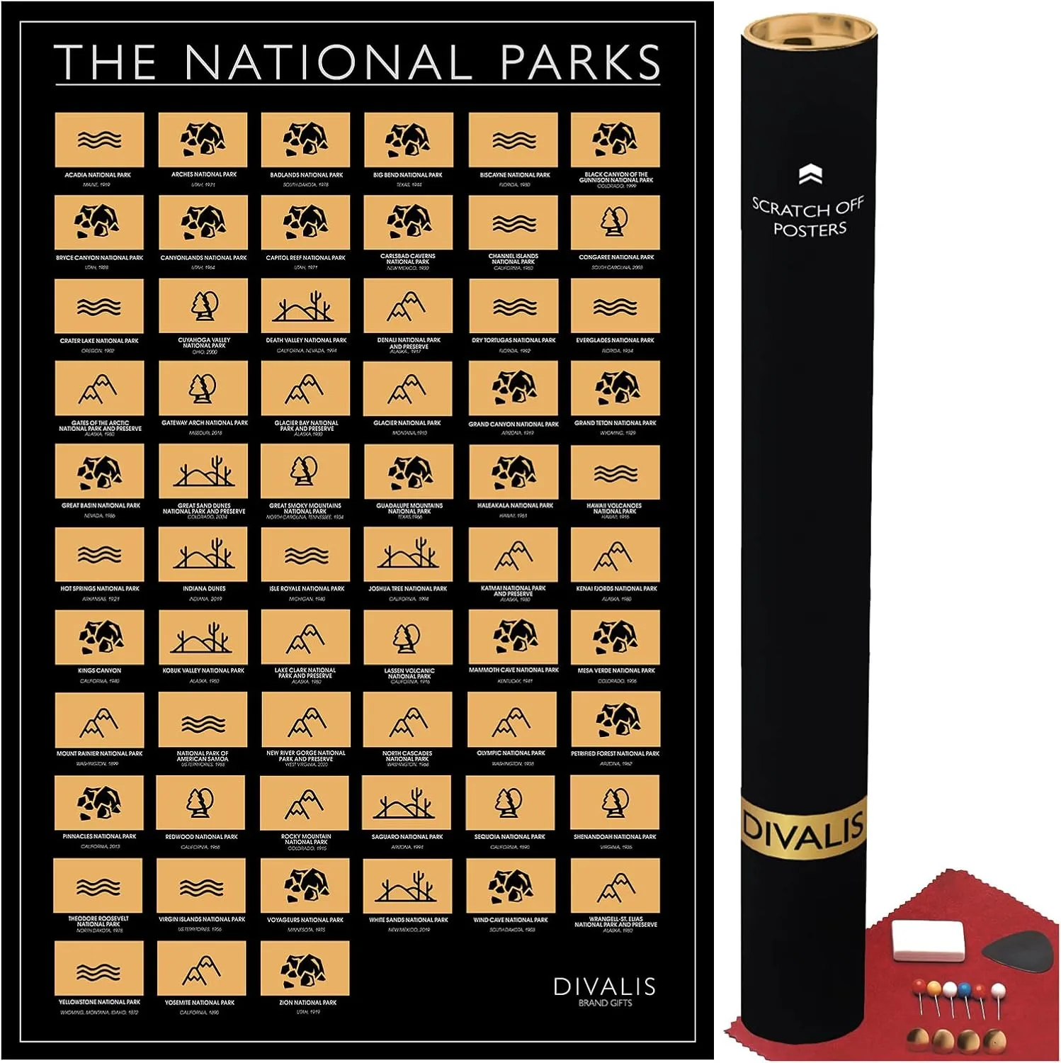 Scratch off USA National Park Poster - All 63 US National Parks Scratch off Map - Easy to Frame United States of America NP Checklist Map - Scratchable Print - Travel Tracker - Large Black and Gold Wall Poster - National Parks Scratch off Map