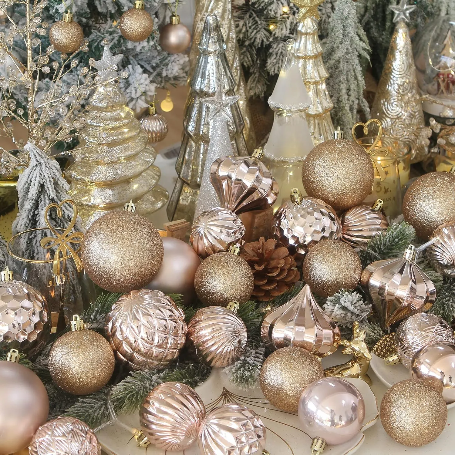 Sea Team 21-Pack Christmas Ball Ornaments with Strings, 80mm/3.15-Inch Large Size Baubles, Shatterproof Plastic Christmas Bulbs, Hanging Decorations for Xmas Tree, Holiday, Wedding, Party, Rose Gold