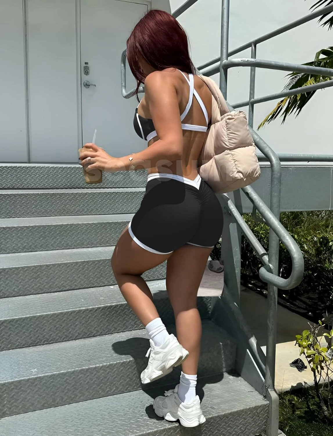 SEASUM Workout Scrunch V Back Booty Shorts for Women Two-Tone High Waisted Gym Yoga Bottoms