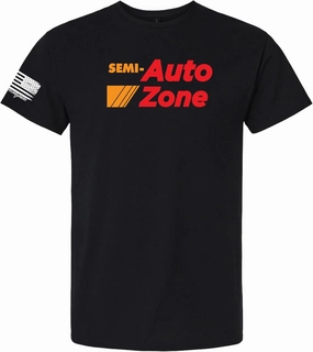 Semi-Auto Zone Mechanic Car Repair Graphic T-Shirt, Black Cotton, American Flag Sleeve Design