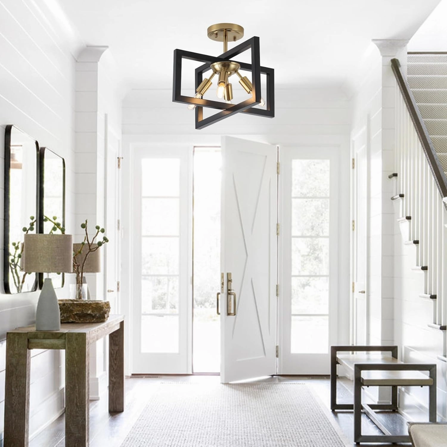 Semi-Flush Mount Ceiling Light - Modern Industrial Light Fixture Black and Gold,4-Light Candelabra Lighting Ceiling Lamp for Kitchen Foyer Entryway Hallway Bedroom Closet