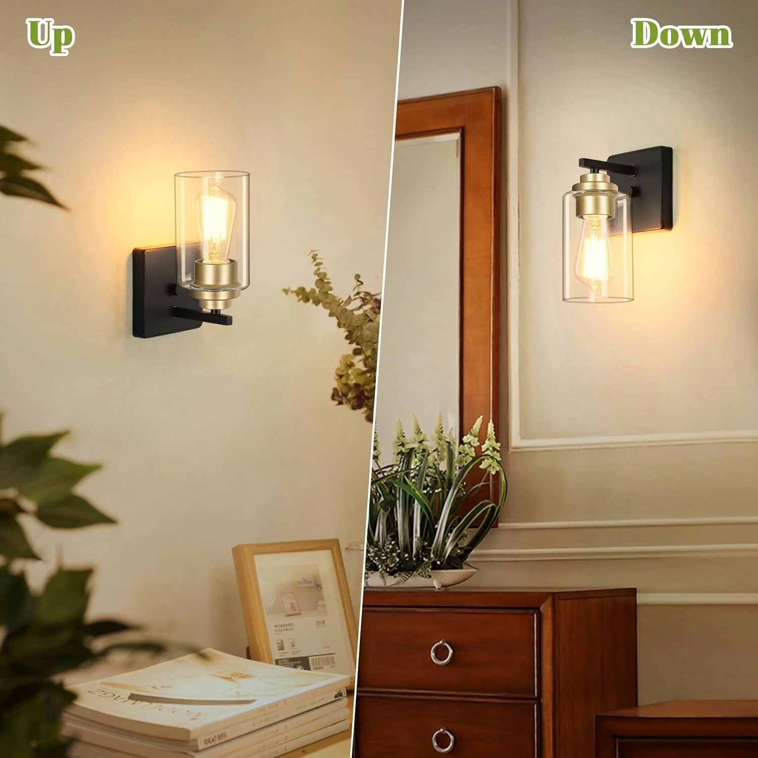 Set of 2 Wall Sconces for Bathroom, Modern Vanity Light Fixtures, Black and Gold Wall Mount Lighting Lanterns, Farmhouse Wall Lights with Clear Glass Shade for Bedroom Living Room Mirror Hallway
