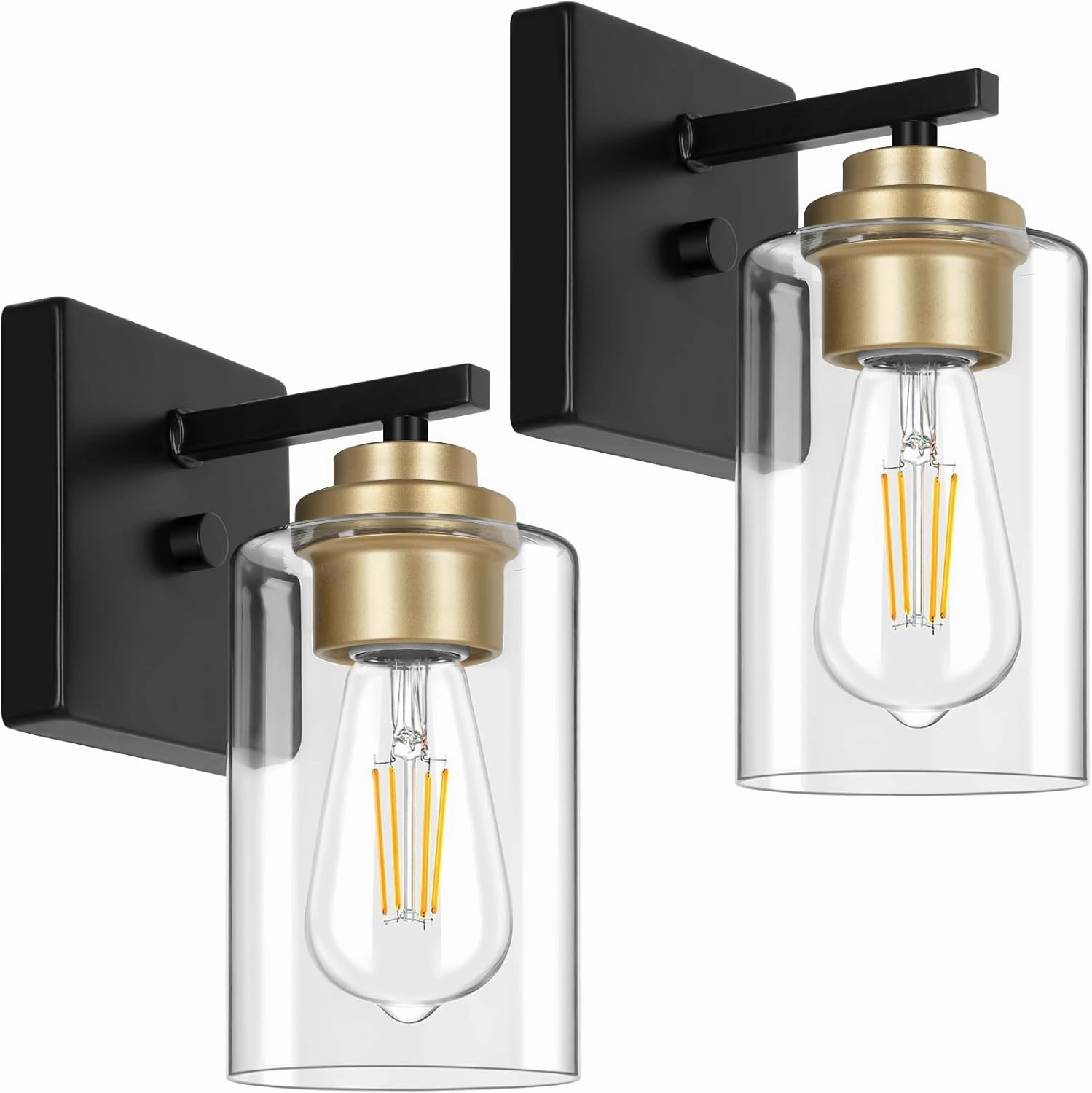 Set of 2 Wall Sconces for Bathroom, Modern Vanity Light Fixtures, Black and Gold Wall Mount Lighting Lanterns, Farmhouse Wall Lights with Clear Glass Shade for Bedroom Living Room Mirror Hallway
