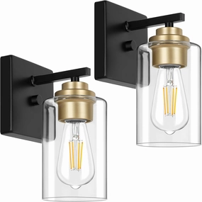 Set of 2 Wall Sconces for Bathroom, Modern Vanity Light Fixtures, Black and Gold Wall Mount Lighting Lanterns, Farmhouse Wall Lights with Clear Glass Shade for Bedroom Living Room Mirror Hallway