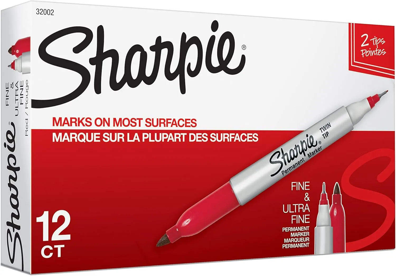 Sharpie Twin Tip Permanent Markers, Fine and Ultra Fine, Red, 12 Count