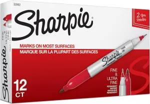 Sharpie Twin Tip Permanent Markers, Fine and Ultra Fine, Red, 12 Count