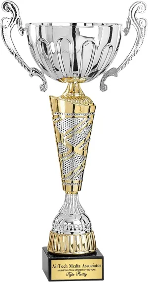 SHOP AWARDS AND GIFTS 17-3/4 Inch Silver with Gold Accents European Style Trophy Cup, for Tournament, Championship, Prizes and Gifts, Corporate Award, Unisex, Can be Personalized