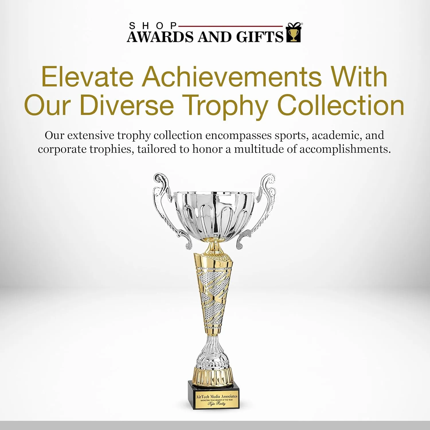 SHOP AWARDS AND GIFTS 17-3/4 Inch Silver with Gold Accents European Style Trophy Cup, for Tournament, Championship, Prizes and Gifts, Corporate Award, Unisex, Can be Personalized
