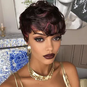 Short Human Hair Wigs for Black Women Burgundy Pixie Cut Wig Human Hair Short Wavy Pixie Wigs Natural Wavy 1B/99J