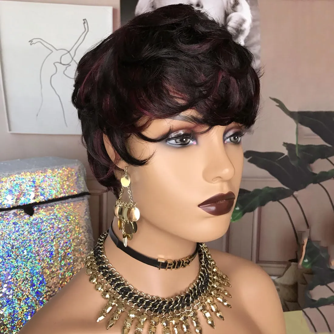 Short Human Hair Wigs for Black Women Burgundy Pixie Cut Wig Human Hair Short Wavy Pixie Wigs Natural Wavy 1B/99J