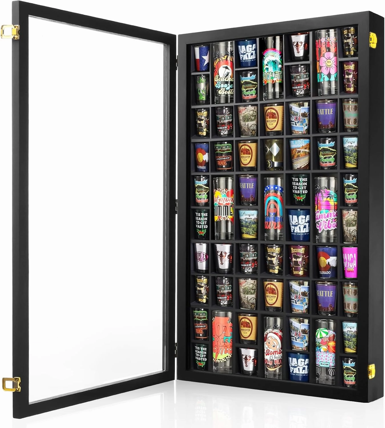 Shot Glass Display Case, 61 Slots Shot Glass glass display cabinet Holder Lockable Wall Mounted Shadow Box with UV Protection Acrylic Glass Shot Glass Door Storage Case for Multiple Shot Glasses