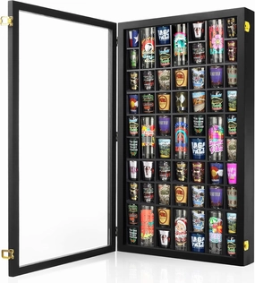 Shot Glass Display Case, 61 Slots Shot Glass glass display cabinet Holder Lockable Wall Mounted Shadow Box with UV Protection Acrylic Glass Shot Glass Door Storage Case for Multiple Shot Glasses