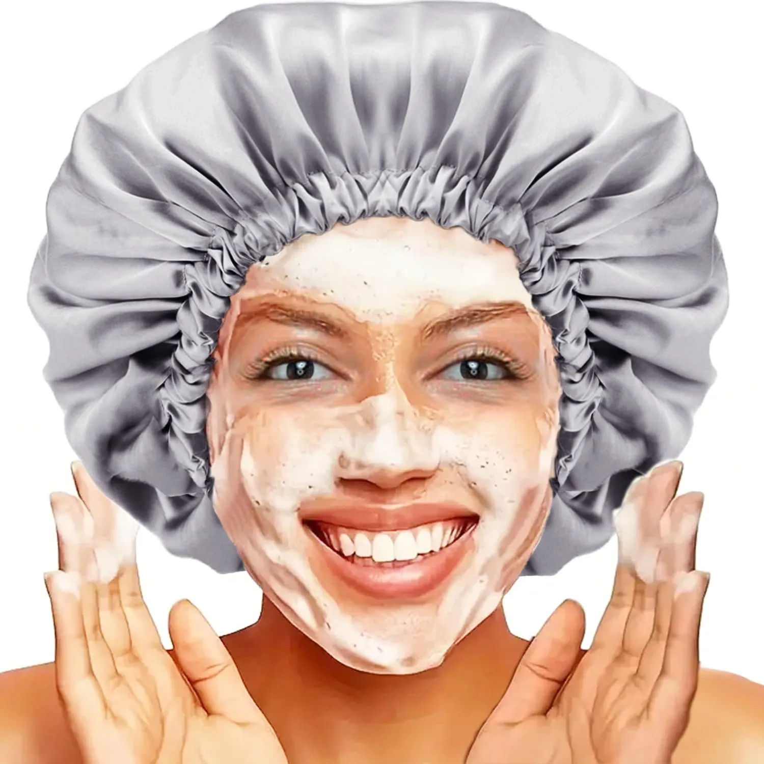Shower cap for women,Luxury Silk Lined Shower Cap, Machine Washable, Adjustable Size & Reusable,Large Satin Shower Cap for all hair-gray