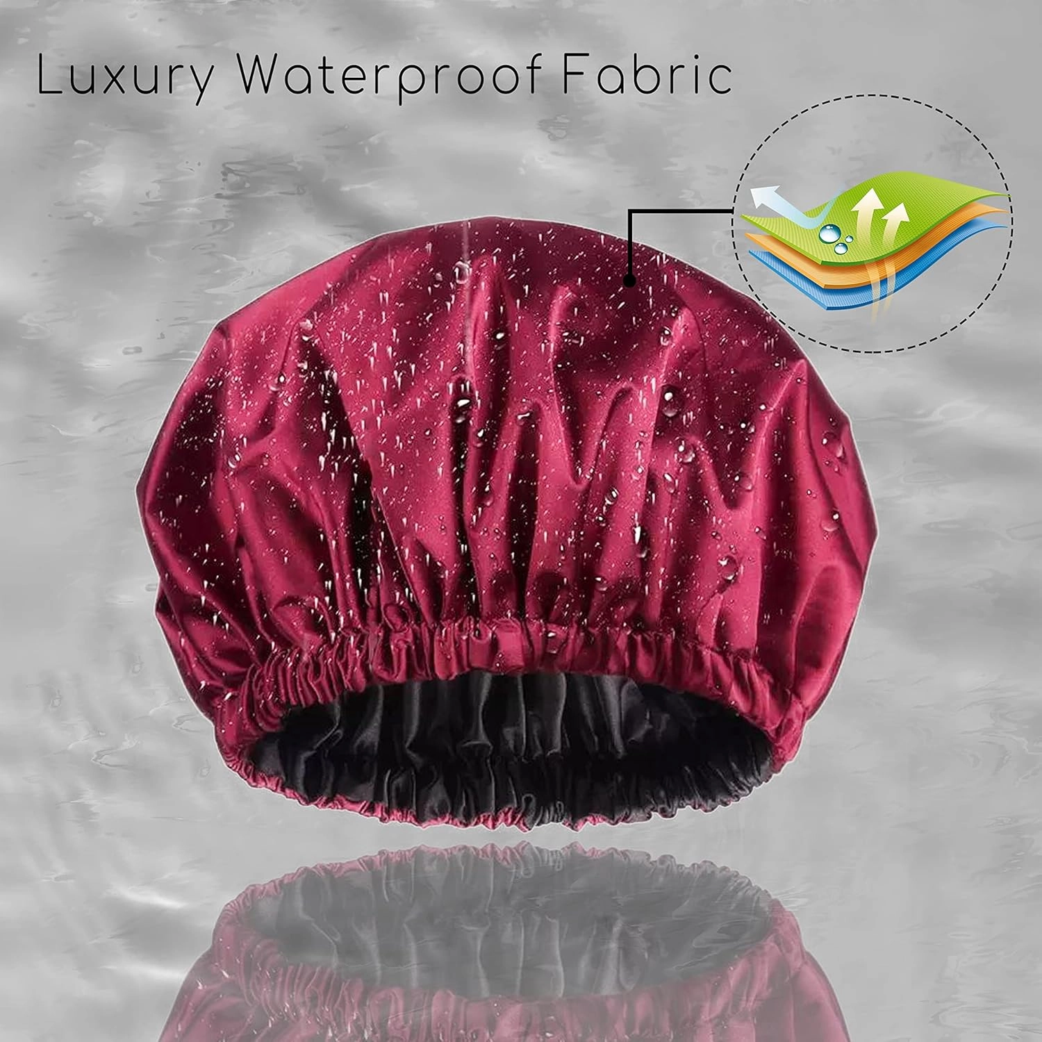 Shower Cap for Women, Reusable and Double Layer Waterproof, Large Shower Cap for Women, Adjustable Shower Caps Hair Cap with Satin Lined, for All Hair Styles-Red