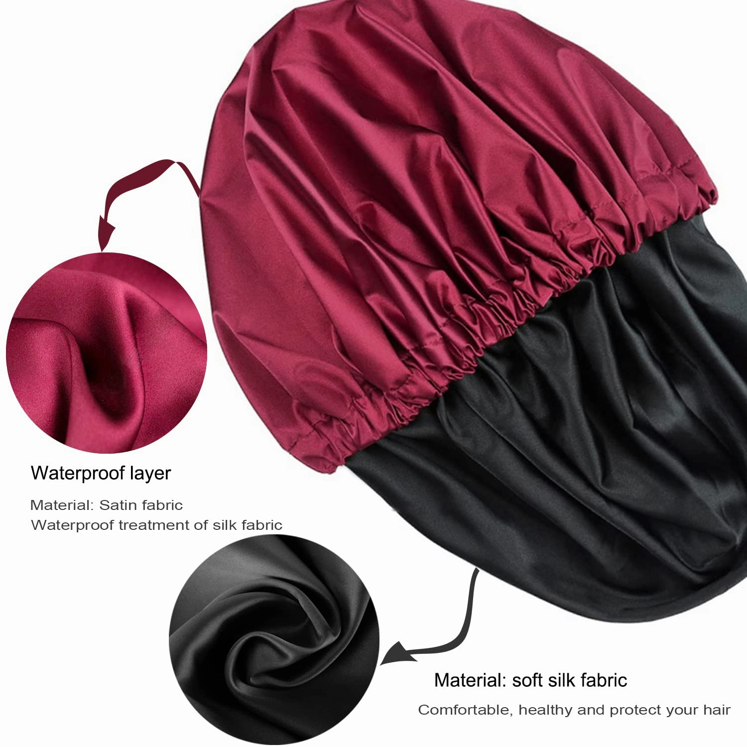Shower Cap for Women, Reusable and Double Layer Waterproof, Large Shower Cap for Women, Adjustable Shower Caps Hair Cap with Satin Lined, for All Hair Styles-Red