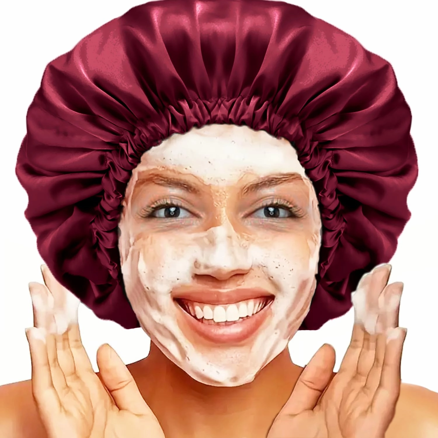 Shower Cap for Women, Reusable and Double Layer Waterproof, Large Shower Cap for Women, Adjustable Shower Caps Hair Cap with Satin Lined, for All Hair Styles-Red