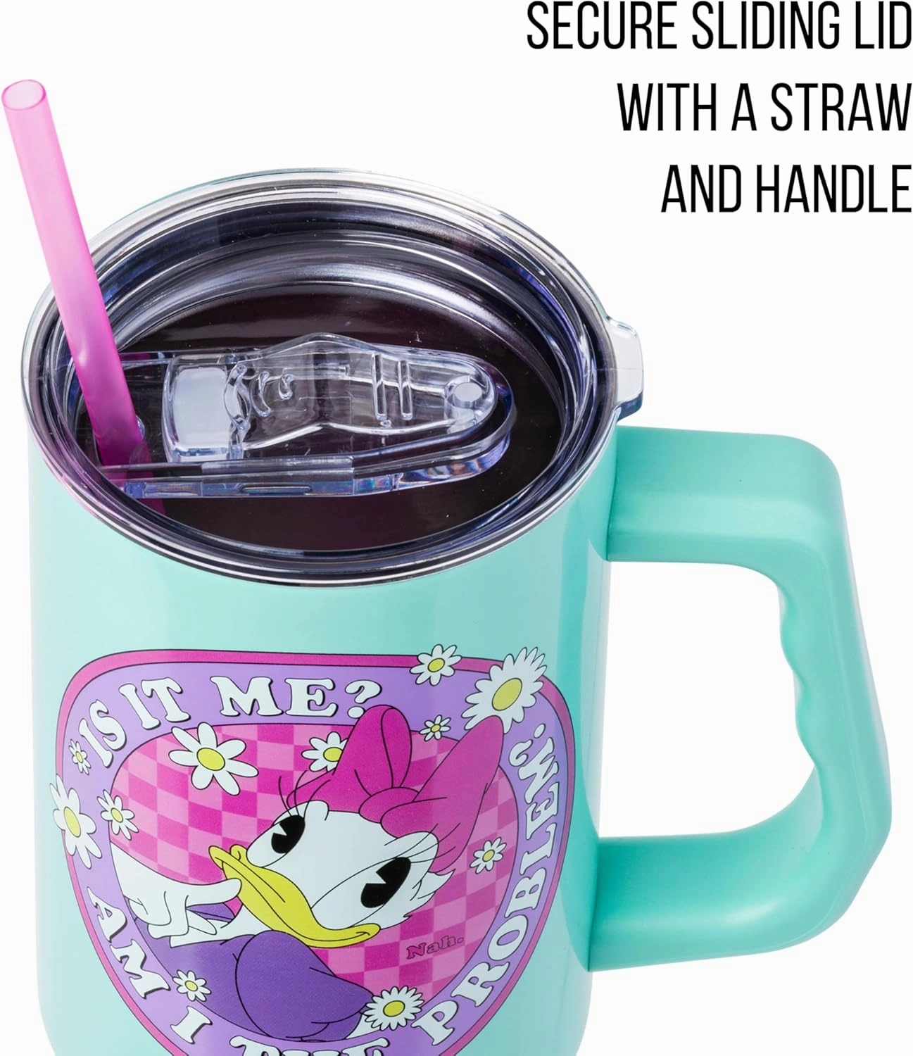 Silver Buffalo Disney Mickey and Friends Featuring Daisy Duck Is It Me? Am I The Problem? Stainless Steel Tumbler with Handle and Straw, Fits in Standard Cup Holder, 40 Ounces