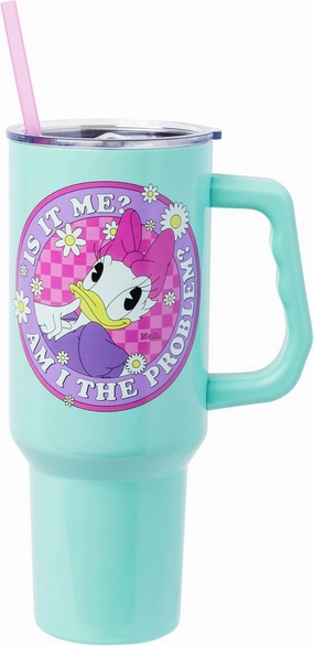 Silver Buffalo Disney Mickey and Friends Featuring Daisy Duck Is It Me? Am I The Problem? Stainless Steel Tumbler with Handle and Straw, Fits in Standard Cup Holder, 40 Ounces