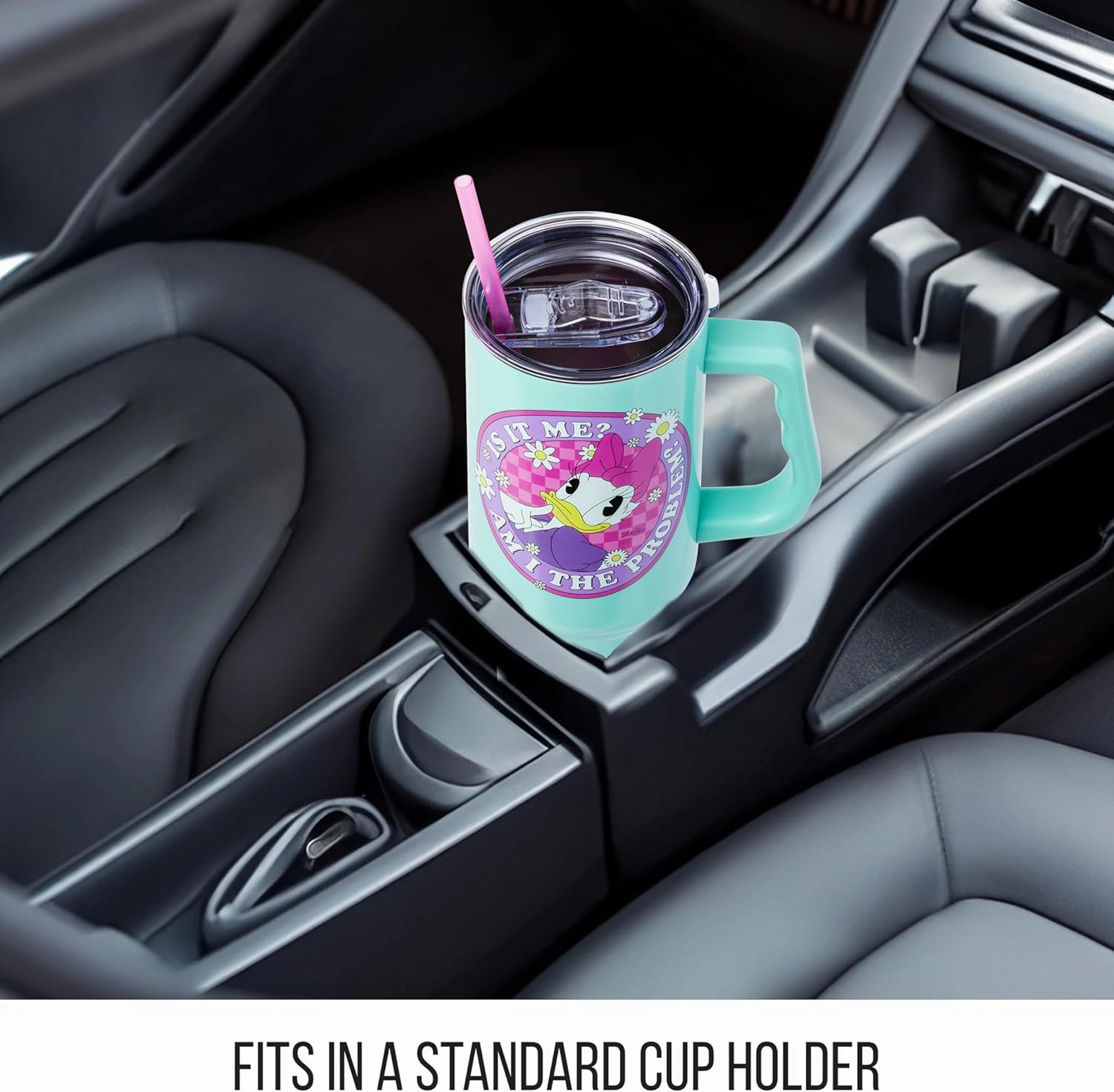 Silver Buffalo Disney Mickey and Friends Featuring Daisy Duck Is It Me? Am I The Problem? Stainless Steel Tumbler with Handle and Straw, Fits in Standard Cup Holder, 40 Ounces