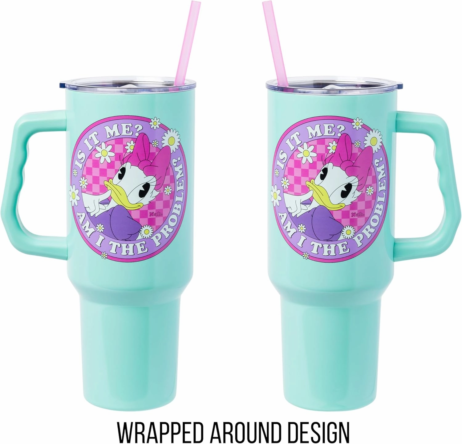 Silver Buffalo Disney Mickey and Friends Featuring Daisy Duck Is It Me? Am I The Problem? Stainless Steel Tumbler with Handle and Straw, Fits in Standard Cup Holder, 40 Ounces