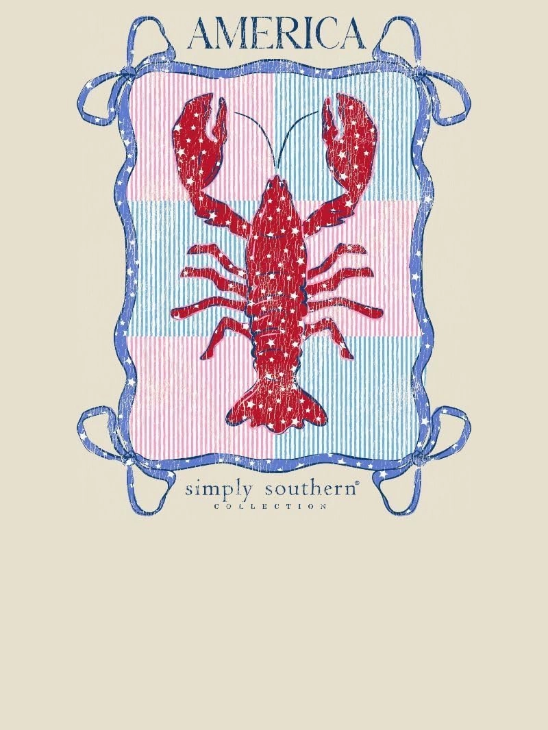 Simply Southern, America Patriotic Lobster Design, Red White Blue, Cream, Women's T-Shirt